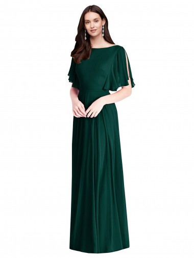 Outlet Soft Chiffon Ever Green Bell Sleeves A-Line V-Back Maxi Evening Dress UK