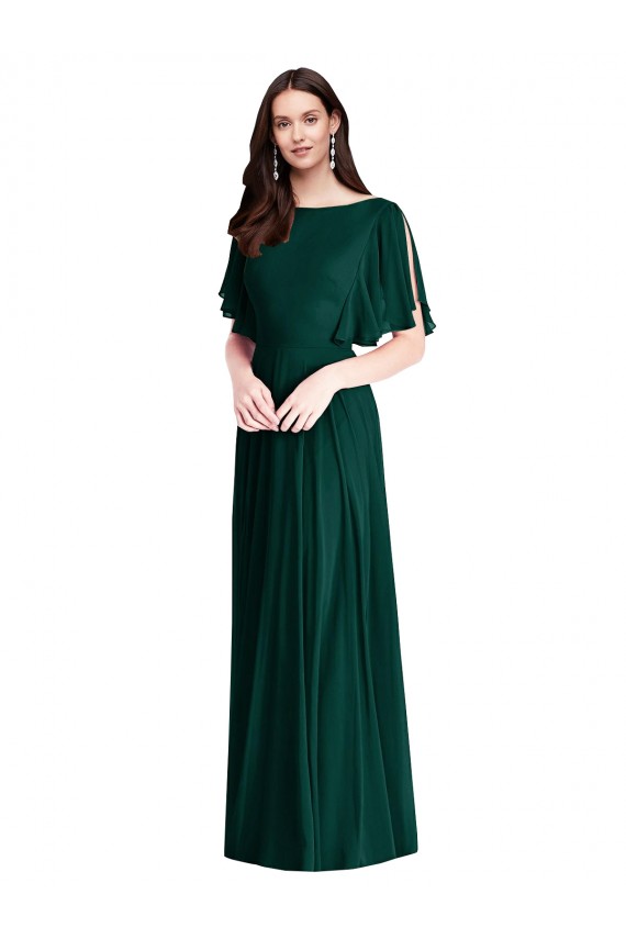Outlet Soft Chiffon Ever Green Bell Sleeves A-Line V-Back Maxi Evening Dress UK