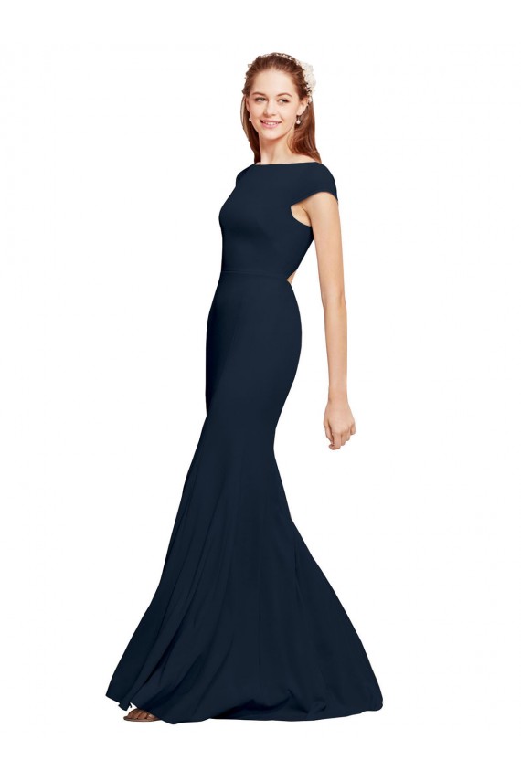 Outlet Stretch Crepe Dark Navy Sleeveless A-Line Open Back Sexy Evening Dress UK