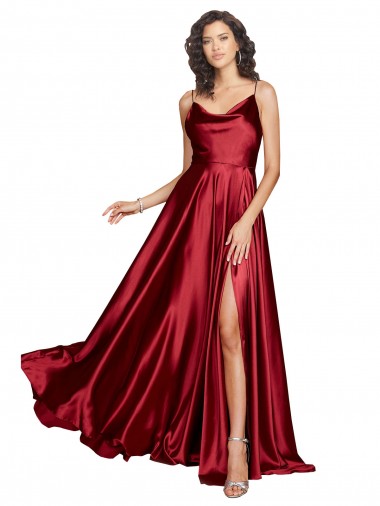 Outlet Silky Satin Burgundy Sleeveless A-Line Low Back Sexy Evening Dress UK