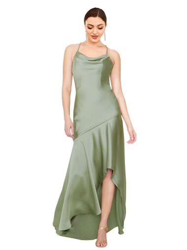 Outlet Silky Satin Smoke Green Sleeveless A-Line Open Back Evening Dress UK