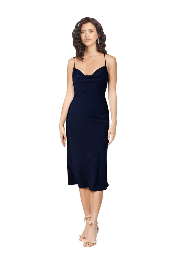 Outlet Silky Satin Dark Navy Sleeveless A-Line Open Back Evening Dress UK