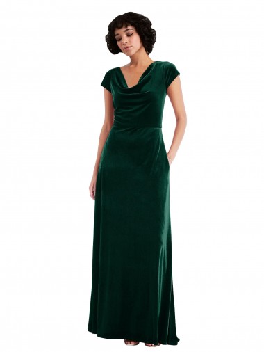 Outlet Stretch Velvet Dark Green Cap Sleeves A-Line Maxi Evening Dress UK