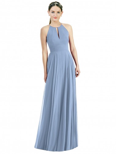 Outlet Soft Chiffon Dusty Blue Sleeveless A-Line Maxi Evening Dresses UK