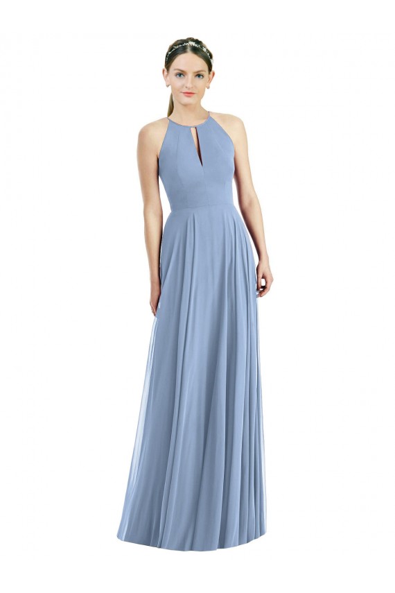 Outlet Soft Chiffon Dusty Blue Sleeveless A-Line Maxi Evening Dresses UK