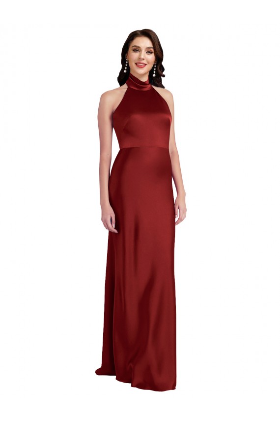 Outlet Stretch Satin Burgundy Sleeveless A-Line Open Back Evening Dress UK