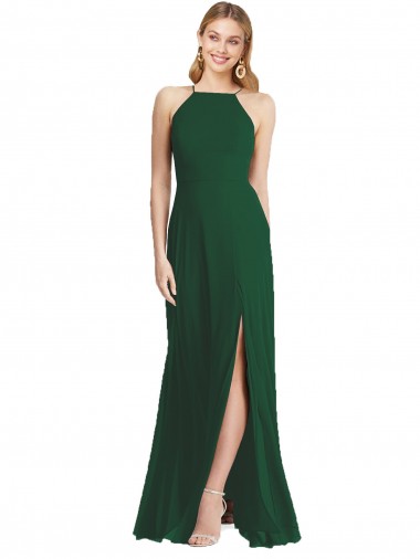 Outlet Soft Chiffon Dark Green Sleeveless A-Line Maxi Evening Dress UK