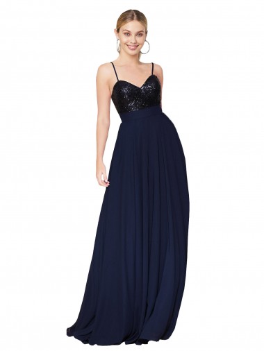 Outlet Soft Chiffon & Sequin Dark Navy Sleeveless A-Line Semi Formal Evening Dress UK
