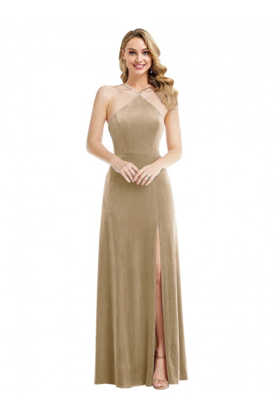 Outlet Stretch Velvet Champagne Sleeveless A-Line Open Back Maxi Evening Dress UK