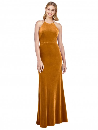 Outlet Stretch Velvet Gold Sleeveless A-Line Open Back Evening Dress UK