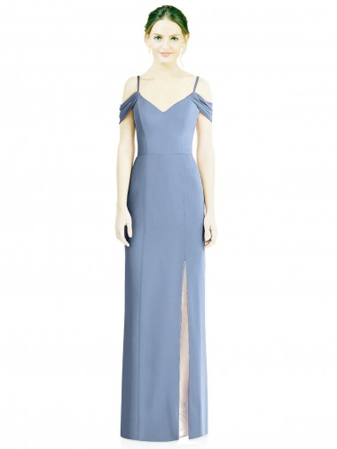 Outlet Soft Chiffon Dusty Blue Cold Shoulder A-Line Open Back Evening Dress UK