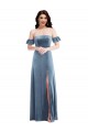 Outlet Stretch Velvet Dusty Blue Ruffle Sleeves A-Line Low Back Maxi Evening Dress UK