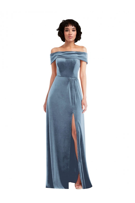 Outlet Stretch Velvet Dusty Blue Sleeveless A-Line Maxi Evening Dress UK