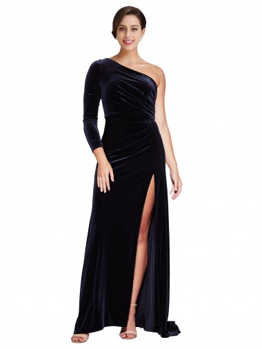 Outlet Stretch Velvet Dark Navy Long Sleeves A-Line Evening Dress UK