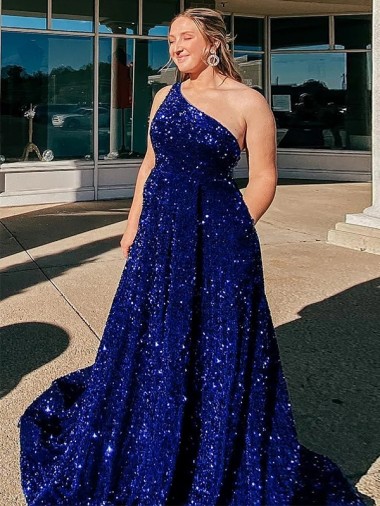 Outlet Velvet Sequin Royal Blue Sleeveless A-Line Evening Dress UK