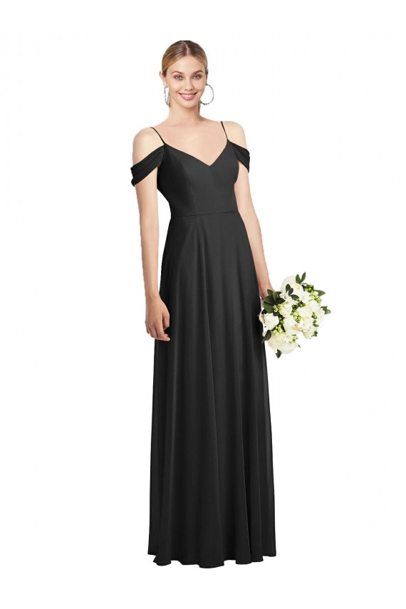 Outlet Soft Chiffon Black Cold Shoulder A-Line Maxi Evening Dress UK