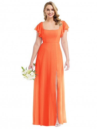 Outlet Soft Chiffon Tangerine Tango Flutter Sleeves A-Line Open Back Maxi Evening Dress UK