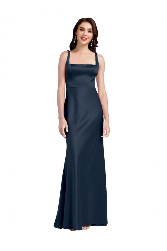 Outlet Stretch Satin Dark Navy Sleeveless A-Line Low Back Bridal Party Dress UK