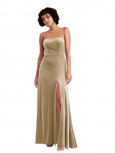 Outlet Stretch Velvet Champagne Sleeveless A-Line Low Back Maxi Evening Dress UK