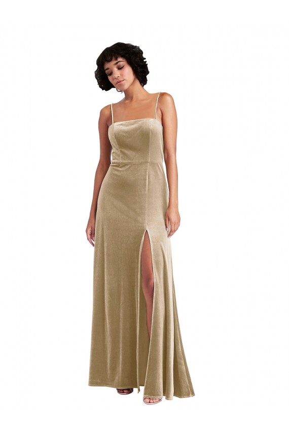 Outlet Stretch Velvet Champagne Sleeveless A-Line Low Back Maxi Evening Dress UK