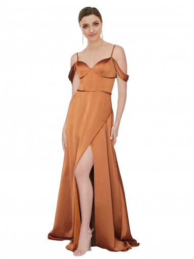Outlet Silky Satin Orange Cold Shoulder A-Line Low Back Evening Dress UK
