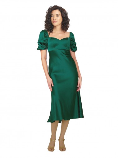 Outlet Silky Satin Hunter Short Sleeves A-Line Low Back Evening Dress UK