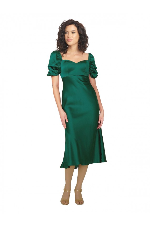 Outlet Silky Satin Hunter Short Sleeves A-Line Low Back Evening Dress UK