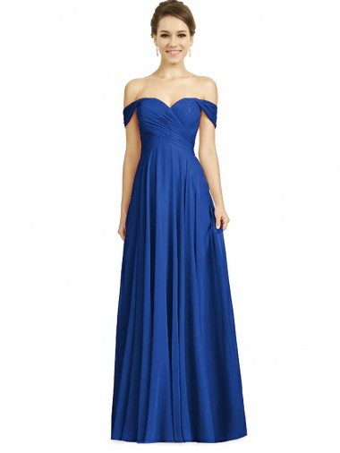 Outlet Soft Chiffon Royal Blue Cap Sleeves A-Line Maxi Evening Dress UK