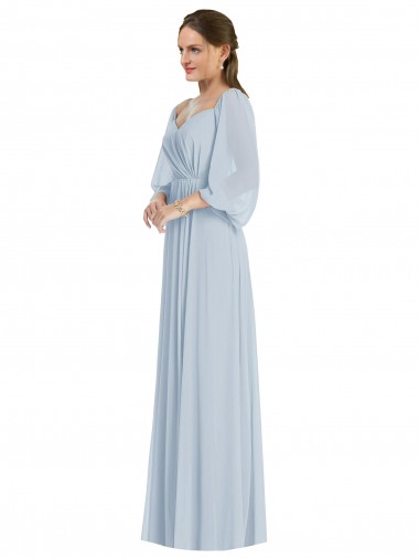 Outlet Soft Chiffon Sea Glass Puff Sleeves A-Line Evening Dress UK