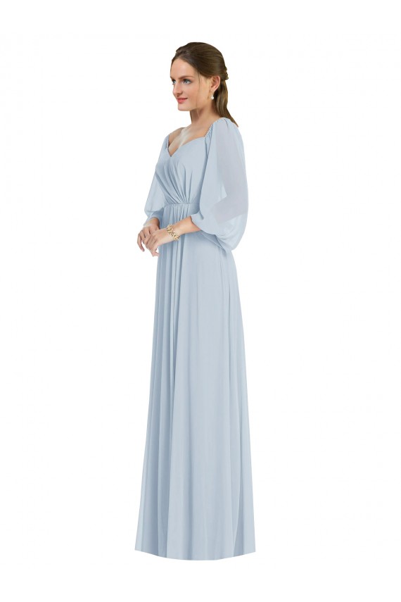 Outlet Soft Chiffon Sea Glass Puff Sleeves A-Line Evening Dress UK