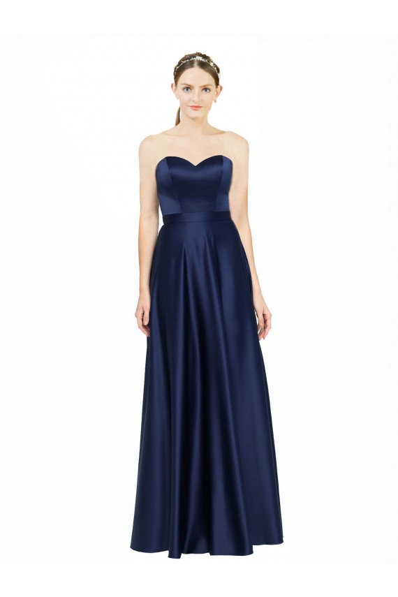 Outlet Stretch Satin Dark Navy Sleeveless A-Line Low Back Wedding Party Dress UK