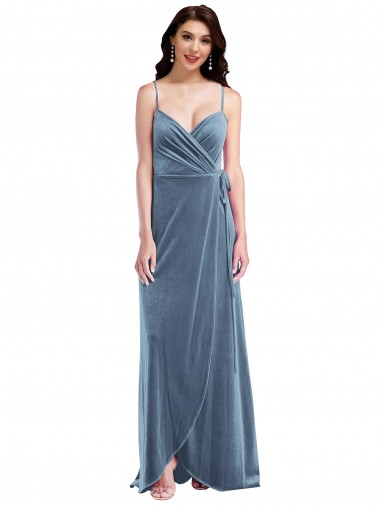 Outlet Stretch Velvet Dusty Blue Sleeveless A-Line Low Back Maxi Evening Dress UK