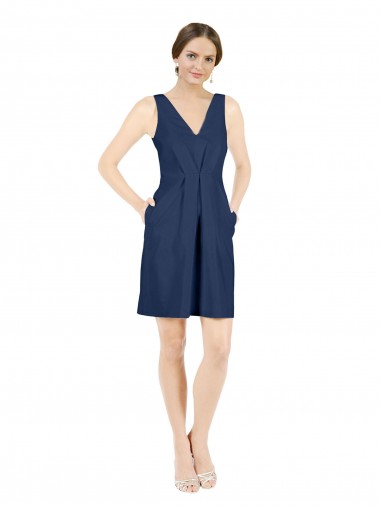 Outlet Satin Dark Navy Sleeveless V-Neck Open Back Evening Dress UK