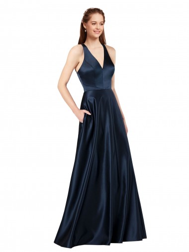 Outlet Satin Dark Navy Sleeveless A-Line Keyhole Back Evening Dress UK