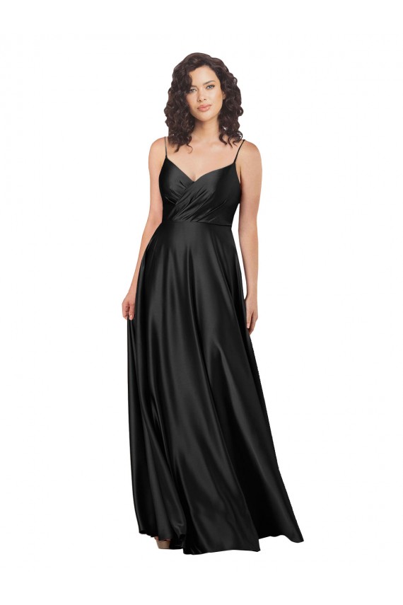 Outlet Silky Satin Black Sleeveless A-Line Low Back Wedding Party Dress UK