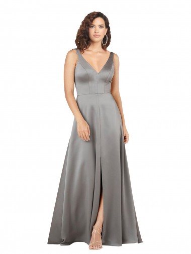 Outlet Silky Satin Pearl Grey Sleeveless A-Line Evening Dress UK