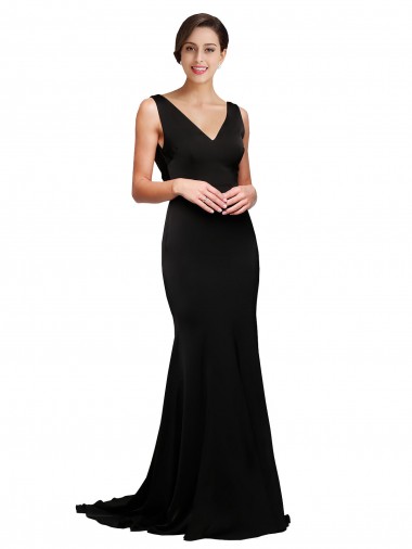 Outlet Silky Satin Black Sleeveless A-Line Low Back Evening Dress UK