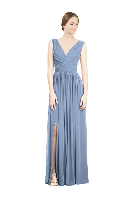 Outlet Soft Chiffon Dusty Blue Sleeveless A-Line Maxi Evening Dress UK