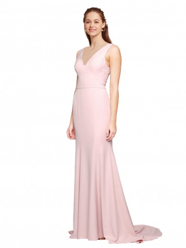 Outlet Stretch Crepe Pink Sleeveless A-Line V-Back Semi Formal Evening Dress UK