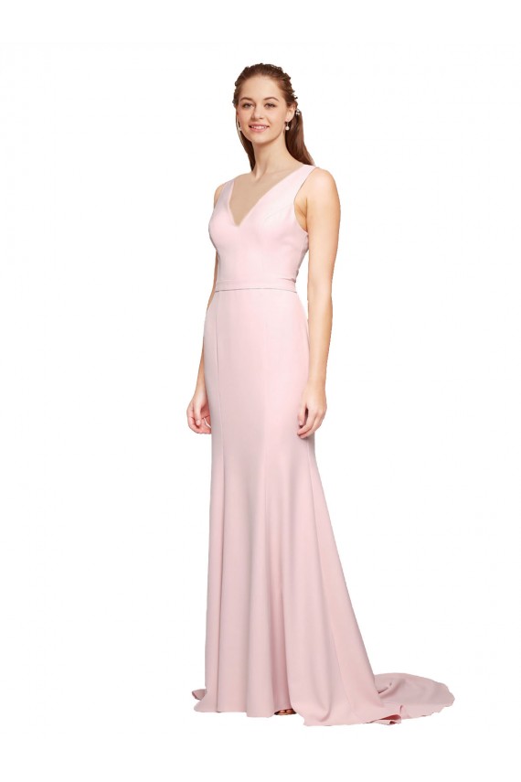 Outlet Stretch Crepe Pink Sleeveless A-Line V-Back Semi Formal Evening Dress UK