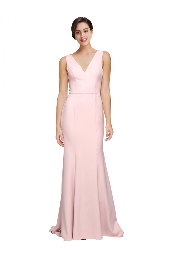 Outlet Stretch Crepe Pink Sleeveless A-Line V-Back Semi Formal Evening Gown UK