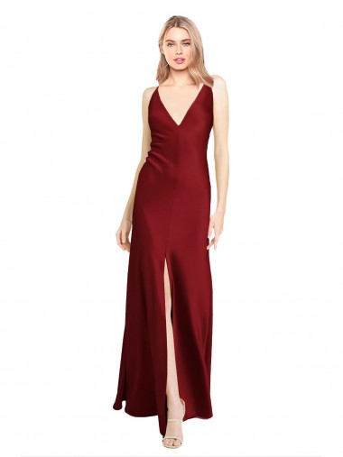 Outlet Stretch Satin Burgundy Sleeveless A-Line V-Back Evening Dresses UK