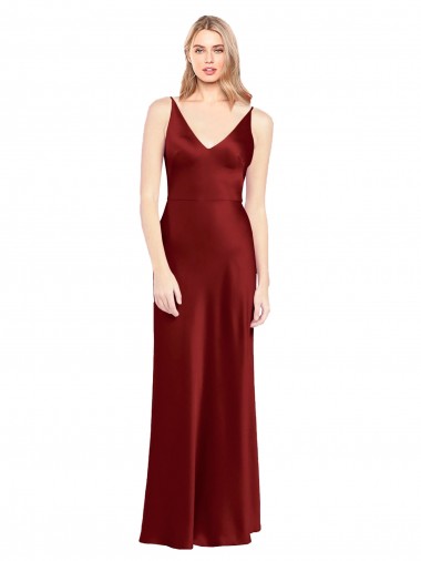 Outlet Stretch Satin Burgundy Sleeveless A-Line V-Back Evening Dress UK