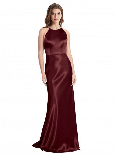 Outlet Stretch Satin Burgundy Gold Sleeveless A-Line Evening Dress UK