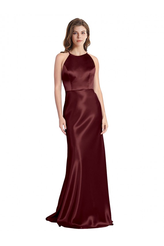 Outlet Stretch Satin Burgundy Gold Sleeveless A-Line Evening Dress UK