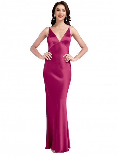 Outlet Stretch Satin Fuchsia Sleeveless A-Line Low Back Sexy Evening Dress UK