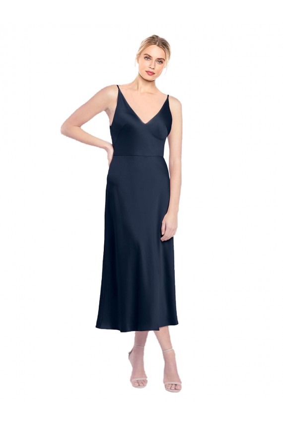 Outlet Stretch Satin Dark Navy Sleeveless A-Line V-Back Evening Dress UK