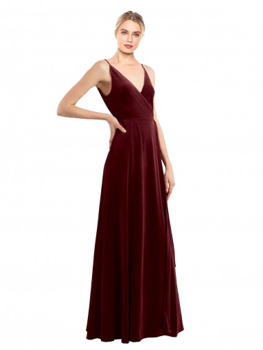 Outlet Stretch Velvet Burgundy Sleeveless A-Line V-Back Wedding Party Dress UK