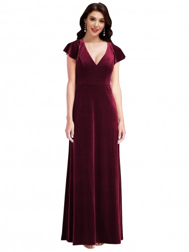 Outlet Stretch Velvet Burgundy Flutter Sleeves A-Line Maxi Evening Dress UK