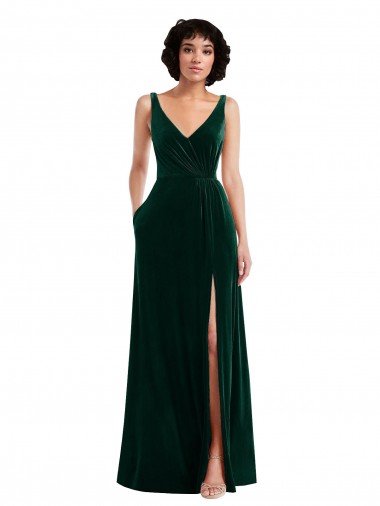 Outlet Stretch Velvet Dark Green Sleeveless A-Line V-Back Maxi Evening Dress UK